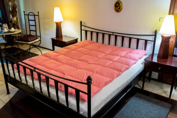Kołdra z ręcznie dartego pierza i puchu NORMAL – 200cm x 155cm  – różowa